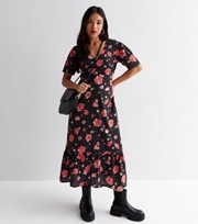 New Look Petite Black Floral Spot Tiered Midi Dress
